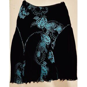 Vintage Y2K 90s Black Blue Floral Chiffon Flowy Skirt XL Whimsigoth Fairy Witchy